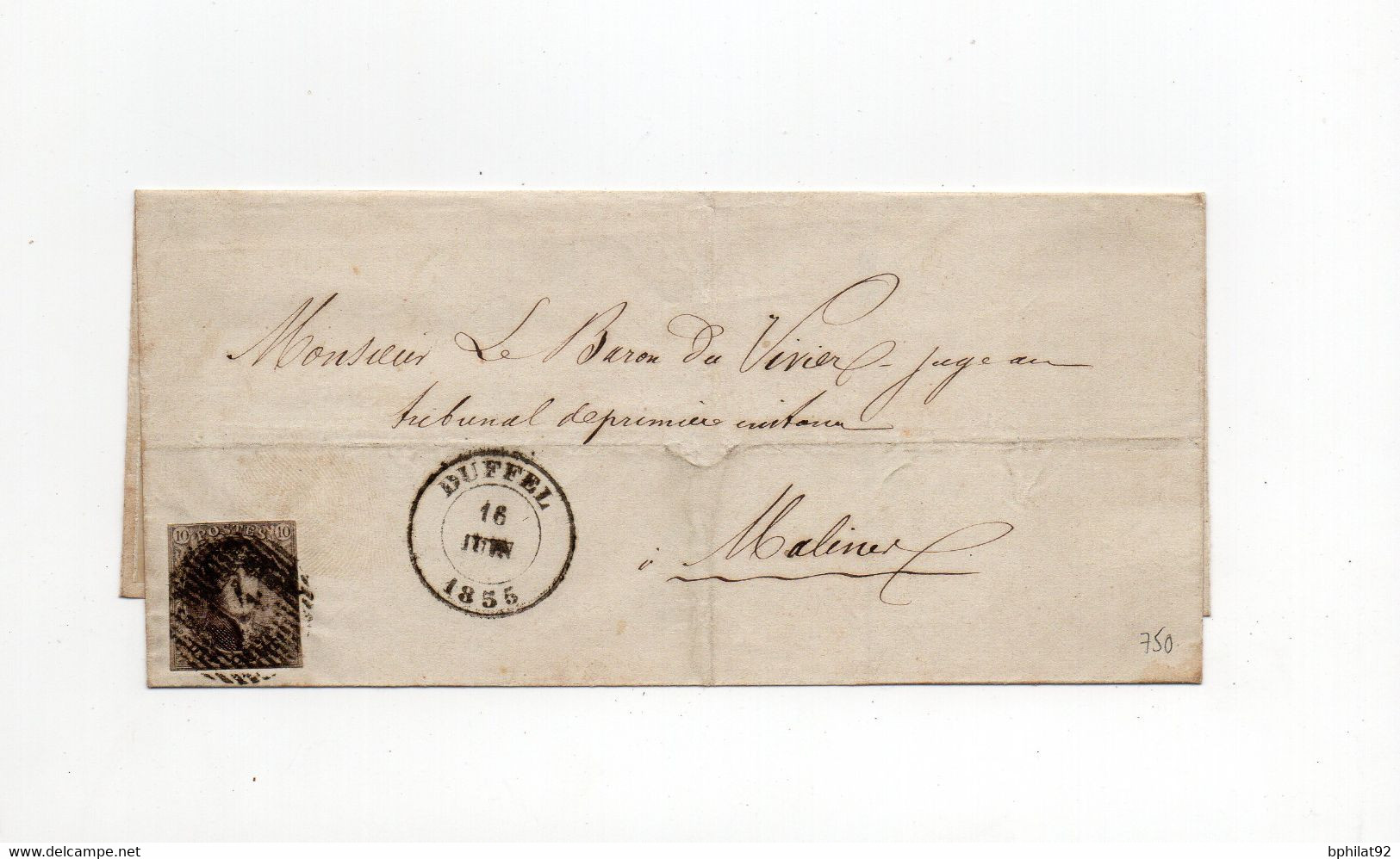 !!! BELGIQUE, N°6 SUR LETTRE DE DUFFEL POUR MALINES DU 16/6/1855 - 1849-1850 Medaillen (3/5)