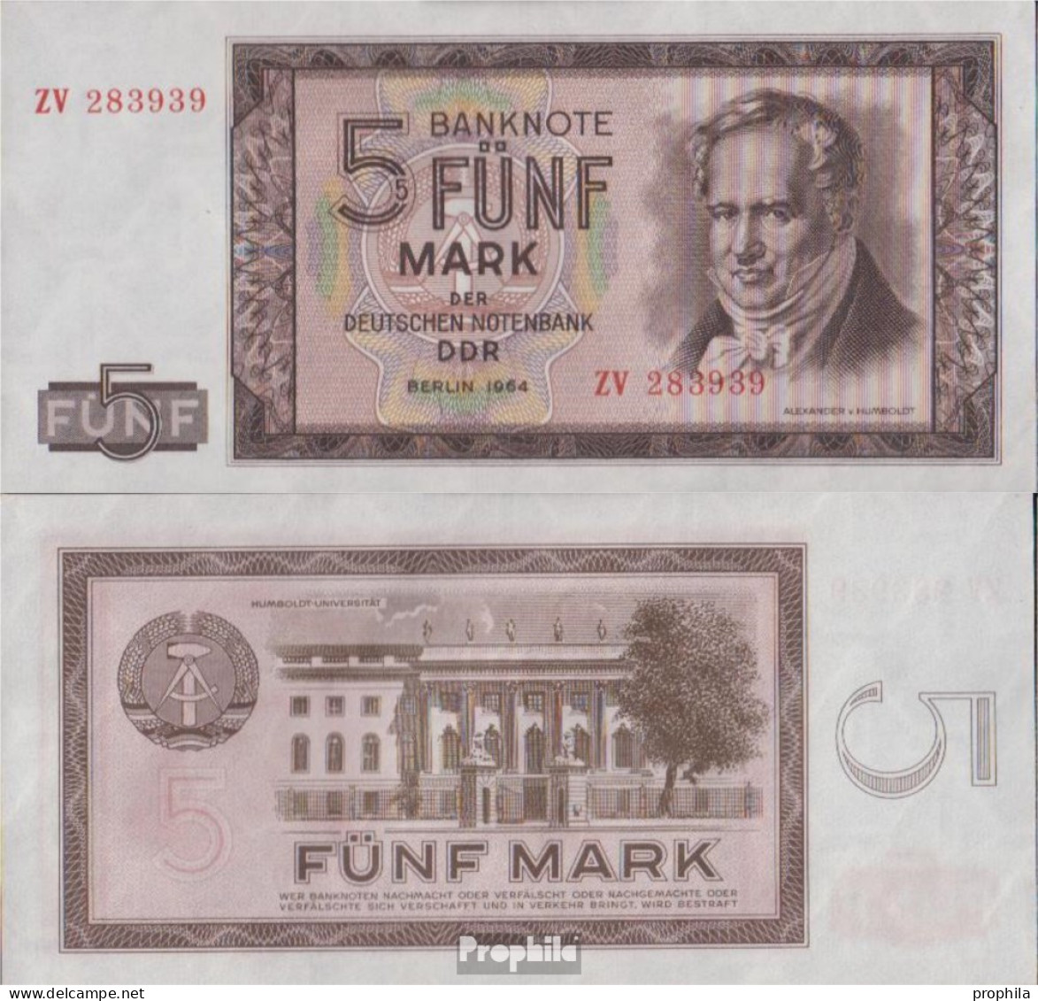 DDR Rosenbg: 354b, KN 6stellig, Austauschnote Bankfrisch 1964 5 Deutsche Mark - Altri & Non Classificati