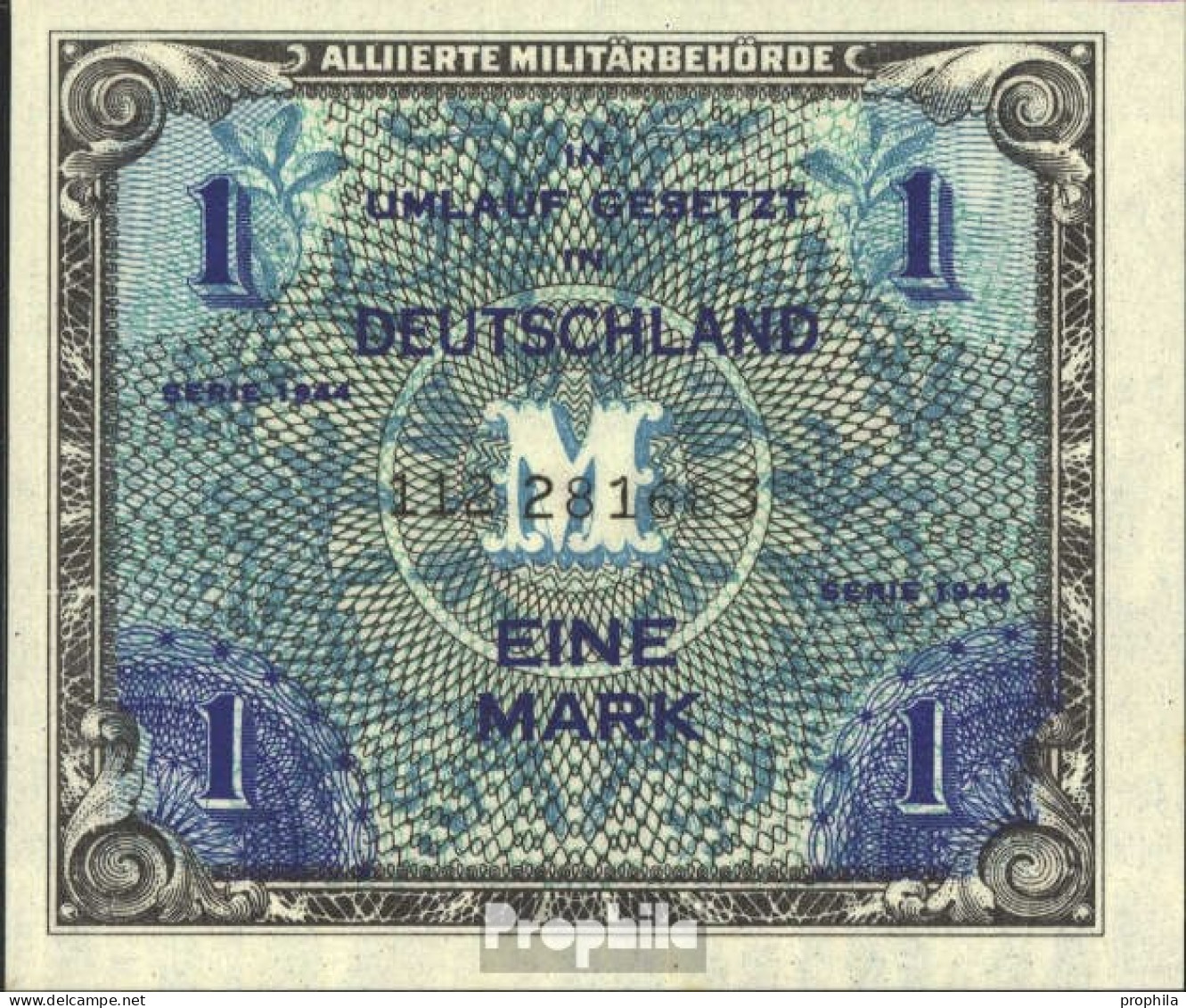 Alliierte Bes.-Gem.Ausg. Rosenbg: 201a, US-Druck Mit F, Kontrollnummer 9stellig Bankfrisch 1944 1 Mark - 1 Mark