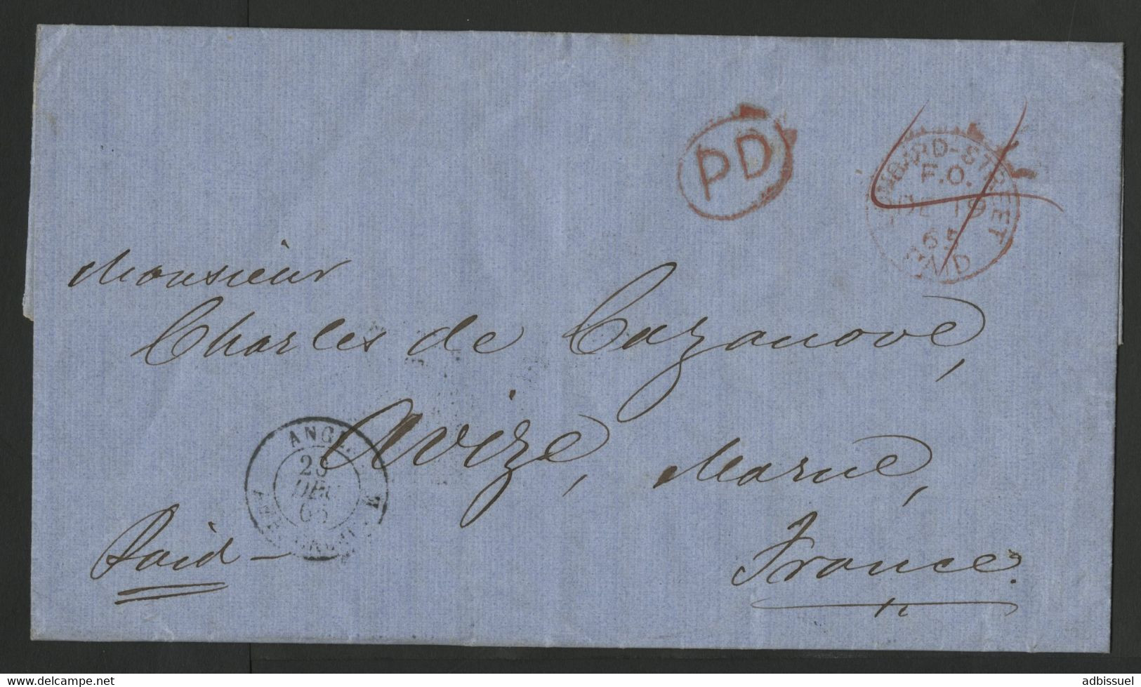 1865 ANGLETERRE Lettre En PORT PAYE Pour La France L'expéditeur Ayant Un Compte Avec La Poste Britannique (description) - Postmark Collection