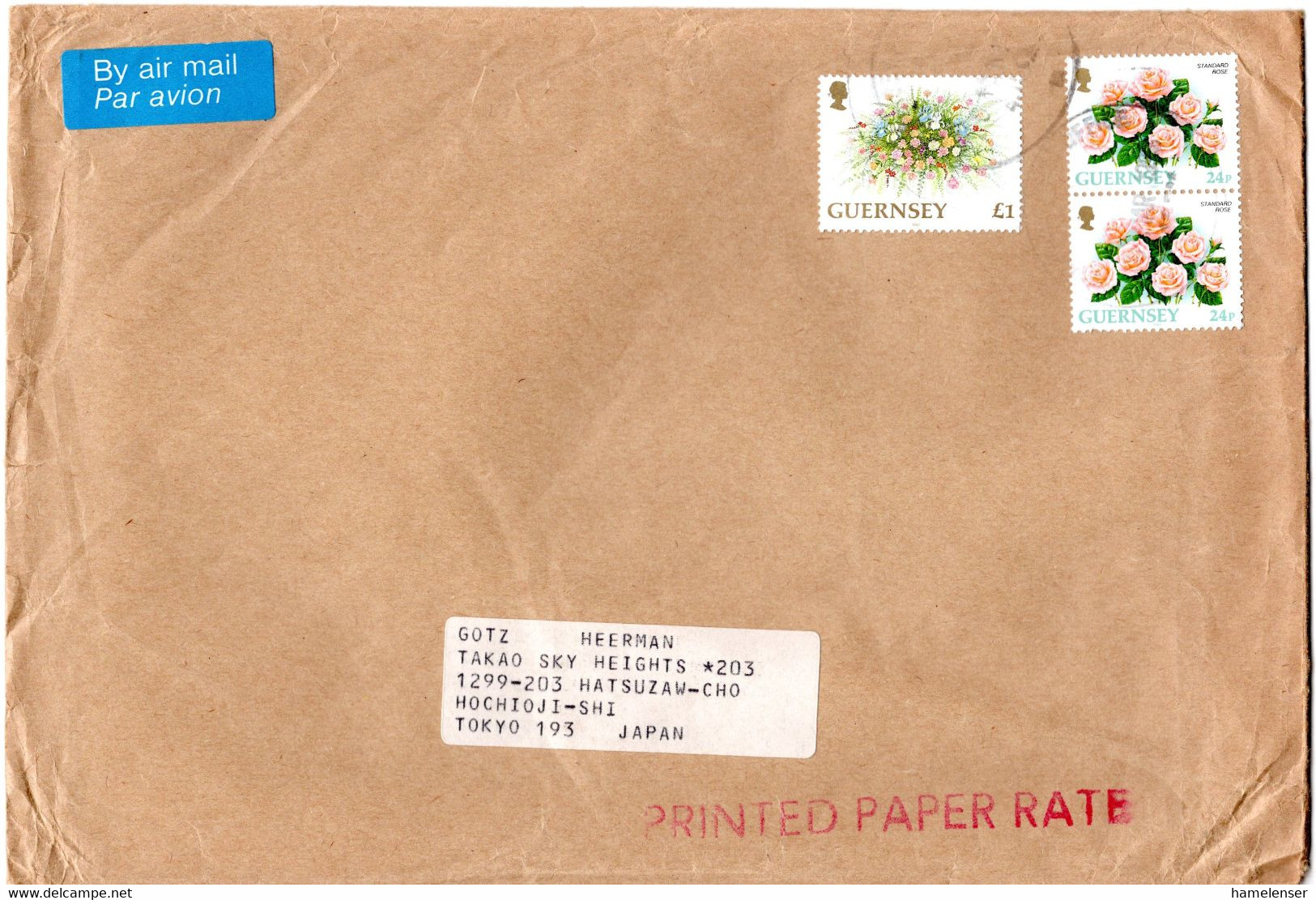 L34508 - Grossbritannien / Guernsey - 1993 - £1 Blumen MiF A LpDrucksBf GUERNSEY POST OFFICE -> Japan - Guernsey