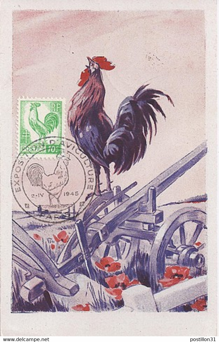 TYPE COQ ET MARIANNE D'ALGER N° 630 + 688 (verso) SUR  C.P. DE PARIS/EXPO D'AVICULTURE/12.IV.45 - 1944 Marianne Van Algerije