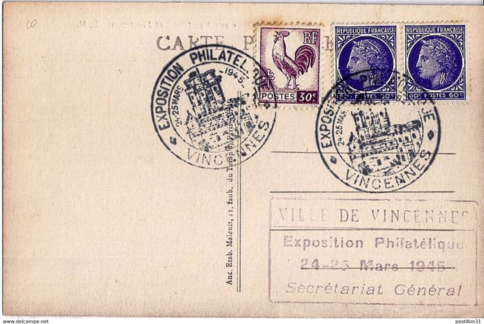 TYPE COQ ET MARIANNE D'ALGER N° 631+674x2  SUR CP DE VINCENNES / EXPO PHIL. / 24.3.45 - 1944 Gallo E Marianna Di Algeri
