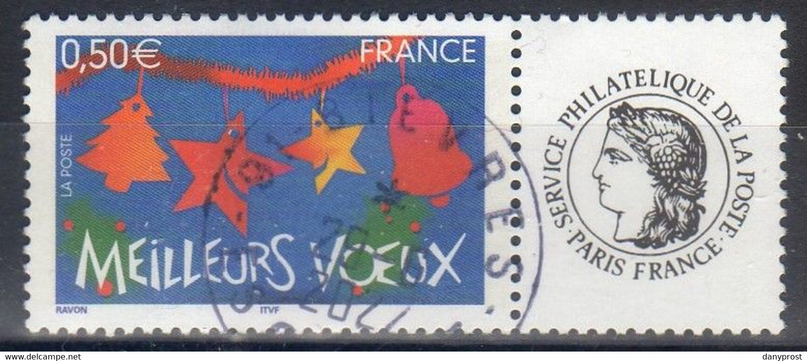 FR 2005 - T¨P PERSONNALISE A 0.50 € "  MEILLEURS VOEUX  "  AVEC VIGNETTE - BEL OBLITERE CIRCULAIRE - Usati