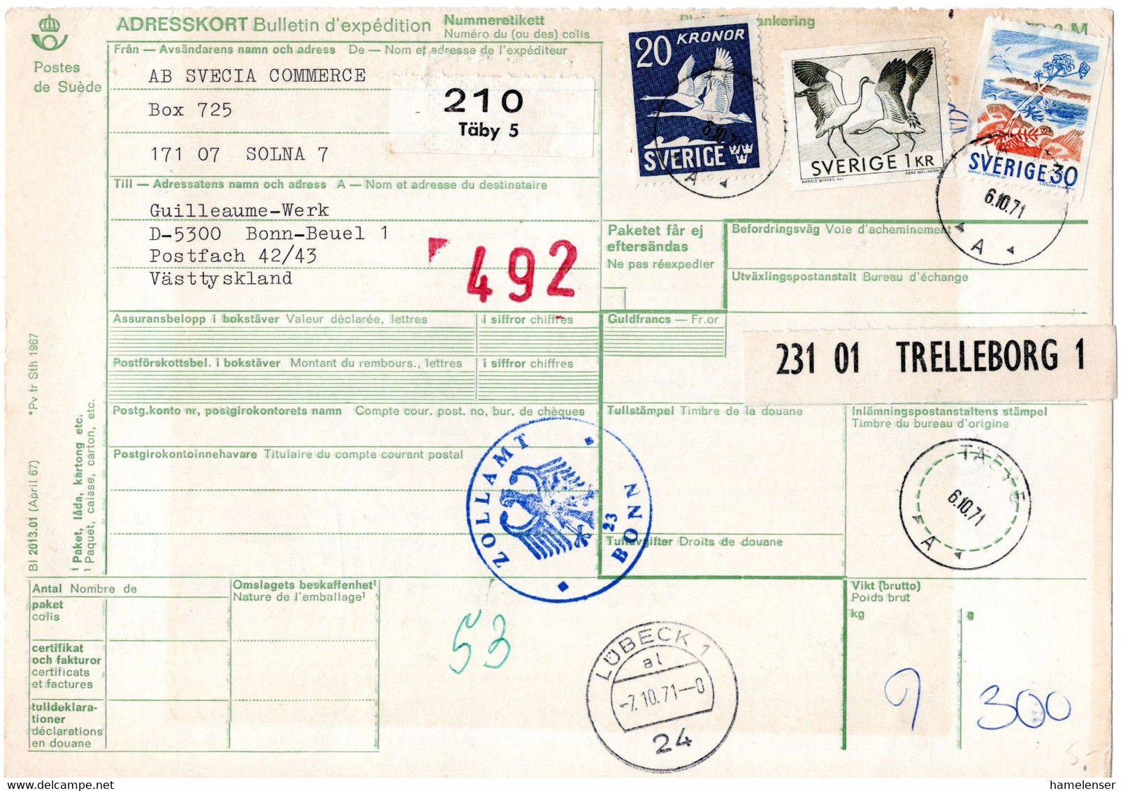 L34542 - Schweden - 1971 - 20Kr Schwaene MiF A Paketkte TAEBY -> Westdeutschland - Brieven En Documenten