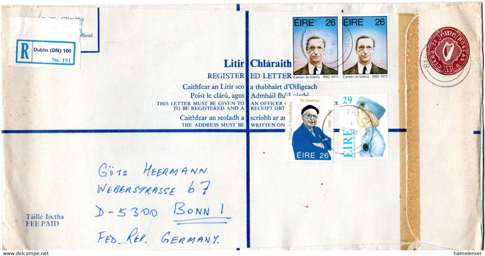 L34543 - Irland - 1983 - 33p GA-R-Umschl M ZusFrankatur BAILE ATHA CLIATH -> Westdeutschland - Postal Stationery