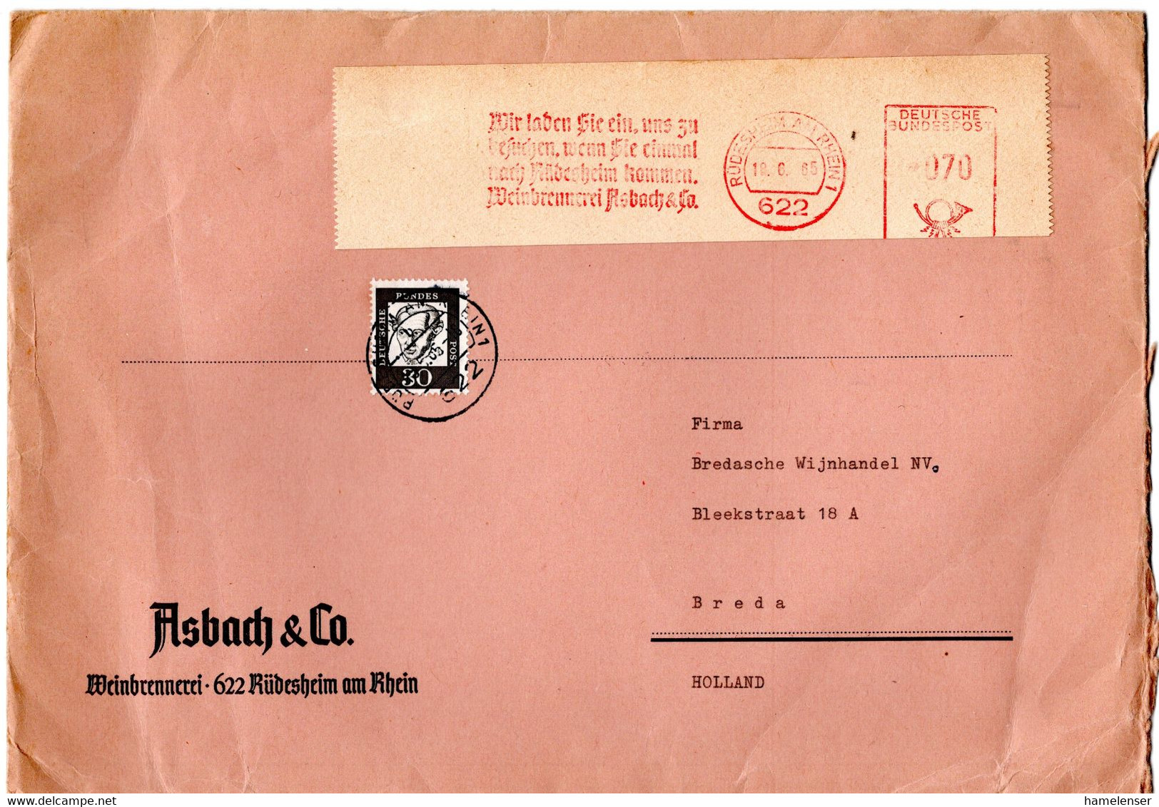 L34604 - Bund - 1965 - 70Pfg AbsFreistpl & 30Pfg Kant A Bf RUEDESHEIM - WEINBRENNEREI ASBACH -> Niederlande - Sonstige & Ohne Zuordnung