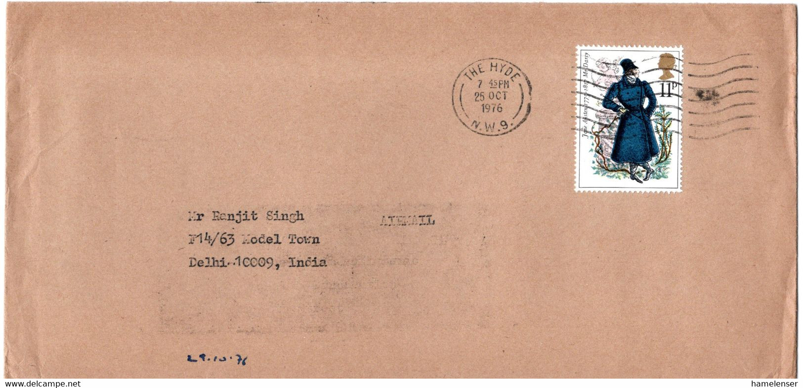 L34611 - Grossbritannien - 1976 - 11p Jane Austen EF A Bf THE HYDE -> DELHI ... (Indien) - Lettres & Documents