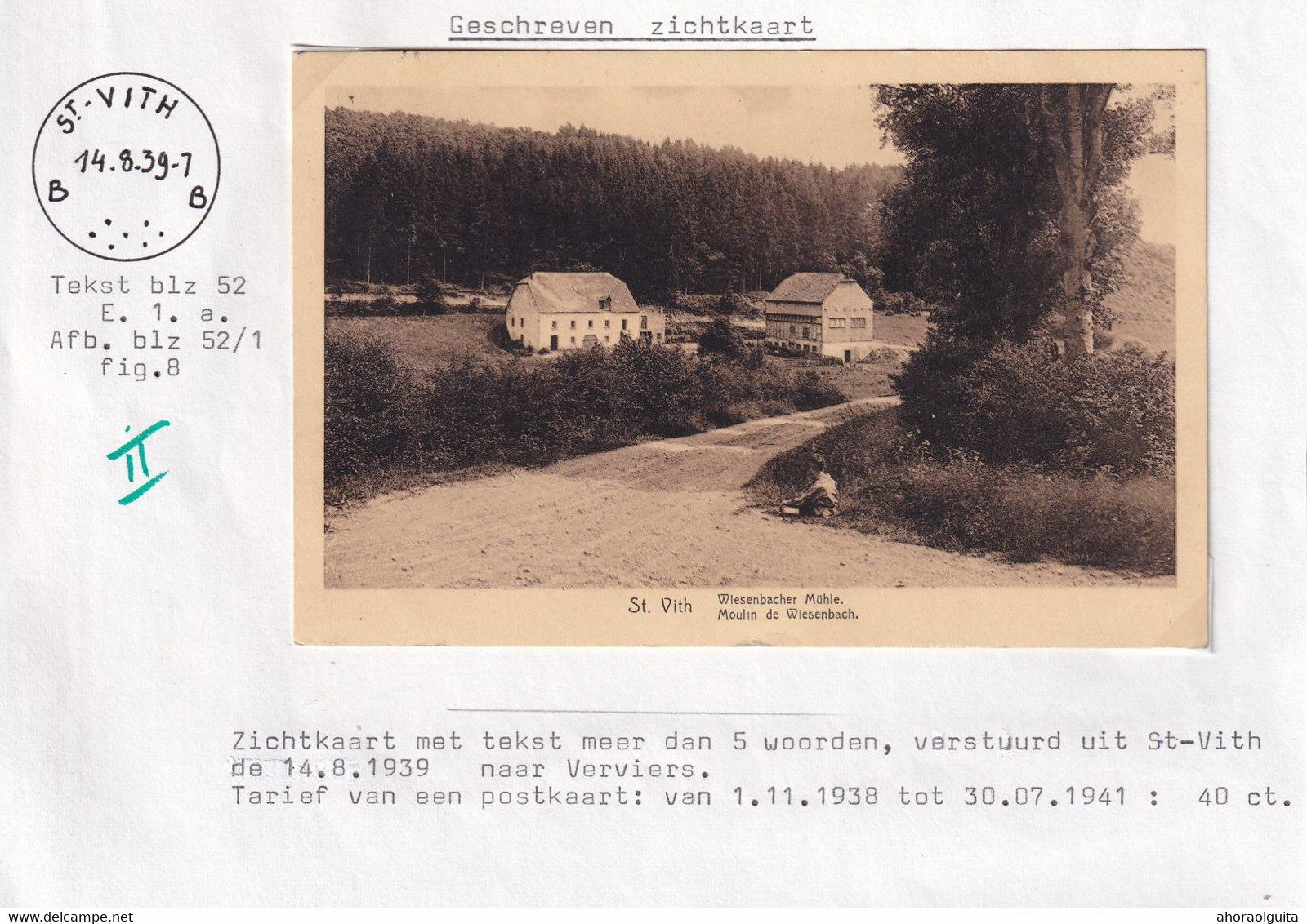 DDCC 130 - CANTONS DE L'EST - Carte-Vue ST VITH Moulin De WIESENBACH - TP Héraldique ST VITH 1939 Vers Verviers - Saint-Vith - Sankt Vith