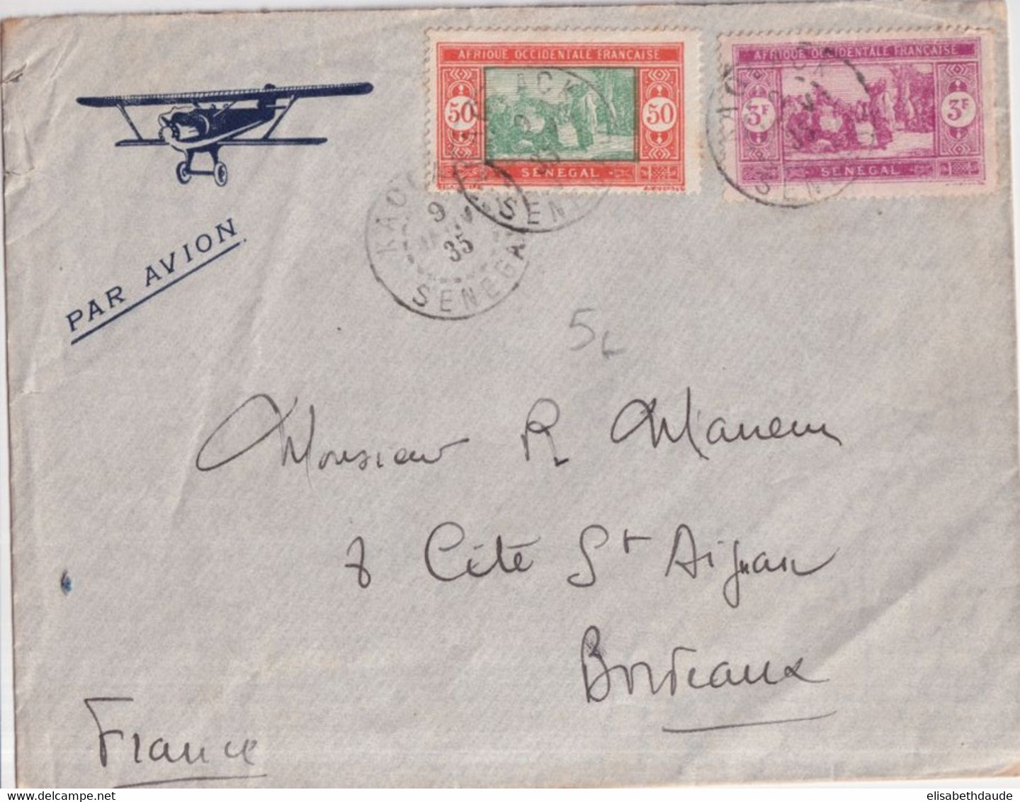 SENEGAL ! - 1935 - ENVELOPPE Par AVION De KAOLACK => BORDEAUX - Briefe U. Dokumente