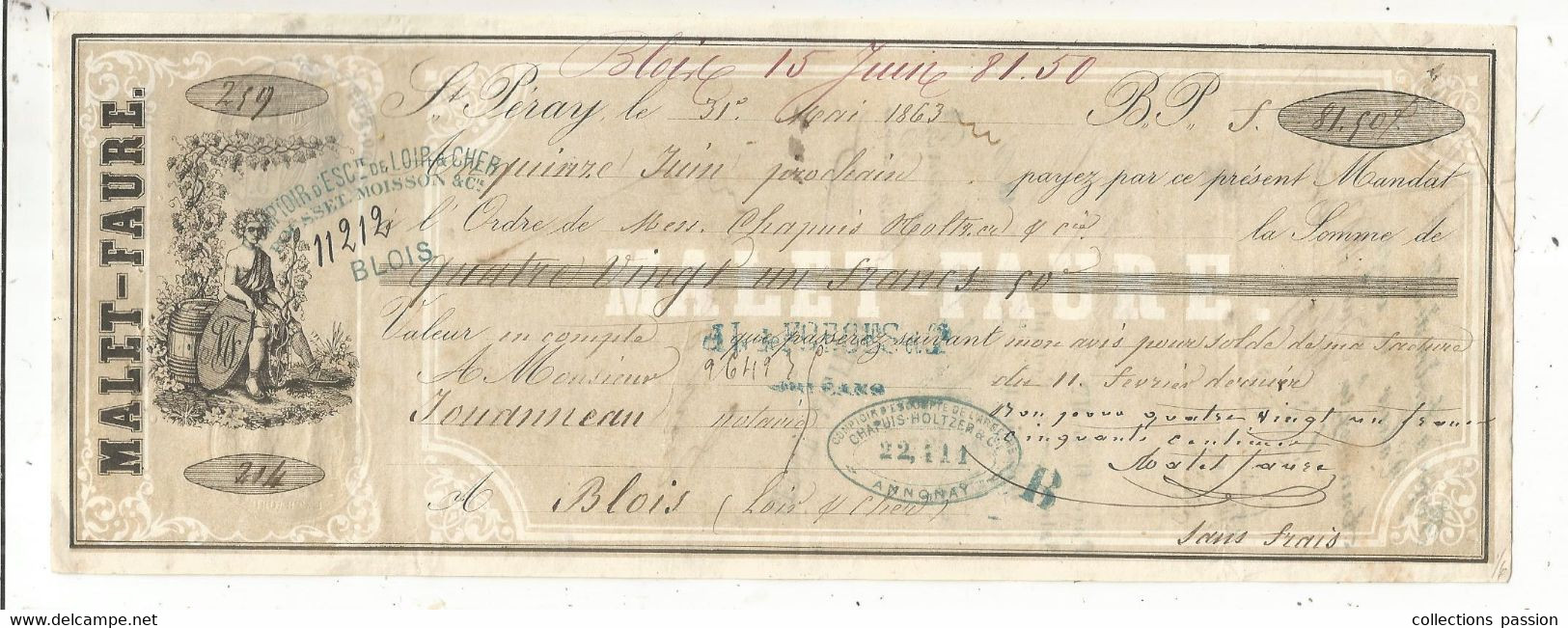 Lettre De Change, Mandat, Vins, 1863 , MALLET-FAURE,  ST PERAY, Ardéche,  Frais Fr 1.75 E - Cambiali