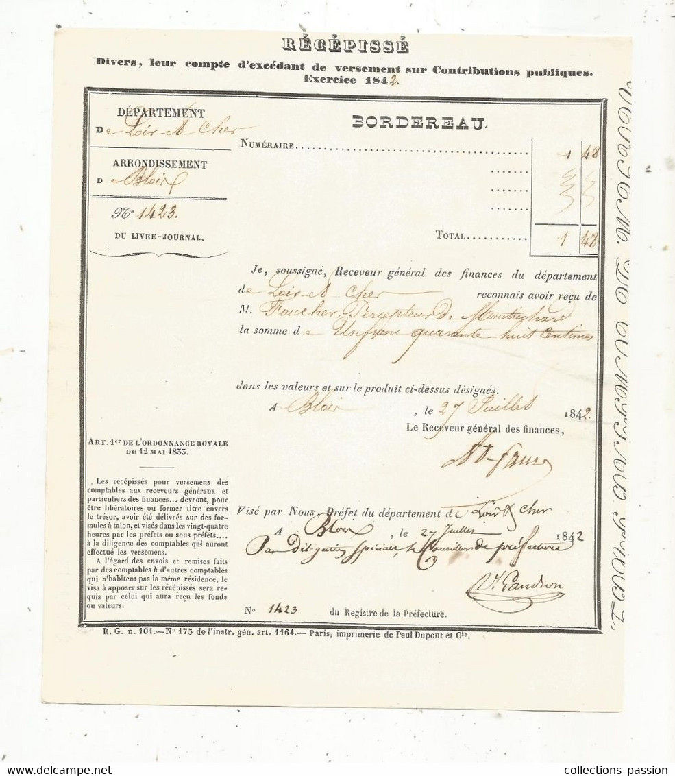 Récépissé , Divers, Leur Compte D'excédant De Versement Sur Contributions Publiques , BLOIS , 1842 , Frais Fr 1.75 E - Ohne Zuordnung