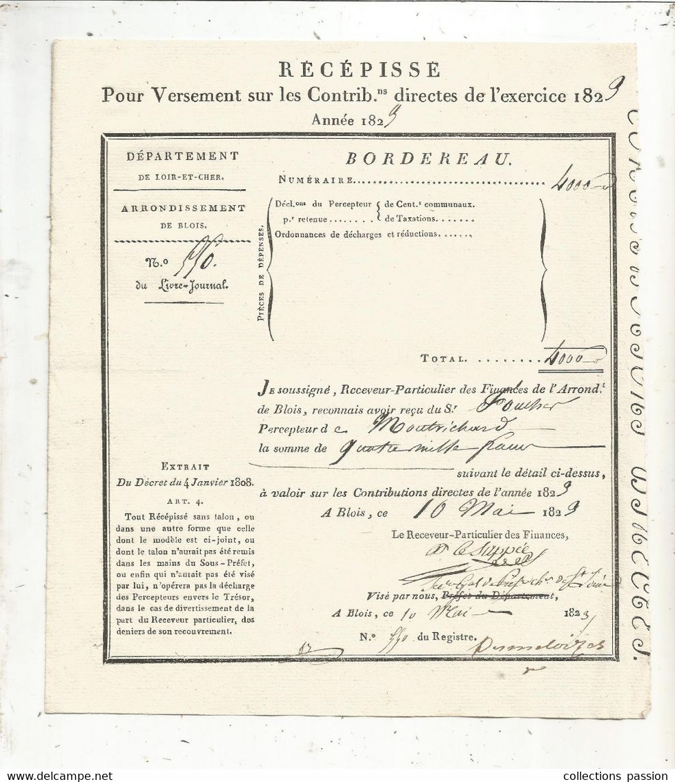 Récépissé , Pour Versement Sur Les Contributions Directes , BLOIS , 1829 , Frais Fr 1.75 E - Ohne Zuordnung