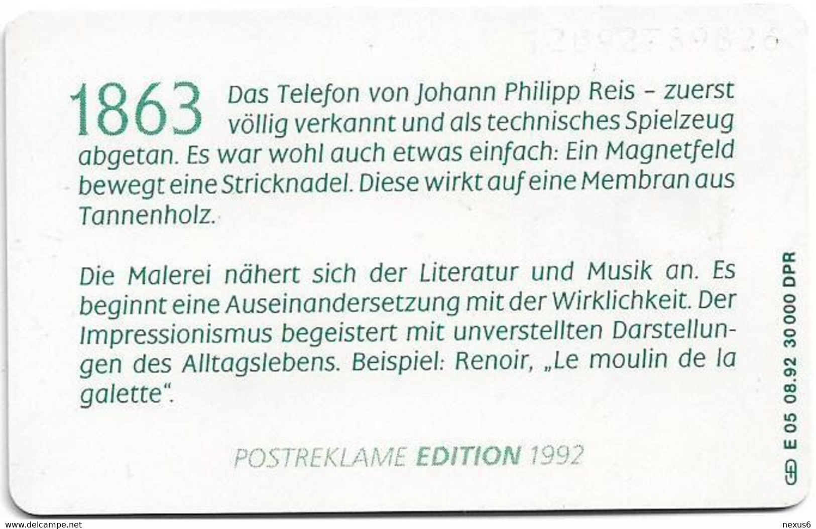 Germany - Alte Telefonapparate 1 - Telefon Von Johann P. Reis (1863) - E 05-08.92 - 12DM, 30.000ex, Used - E-Series : D. Postreklame Edition