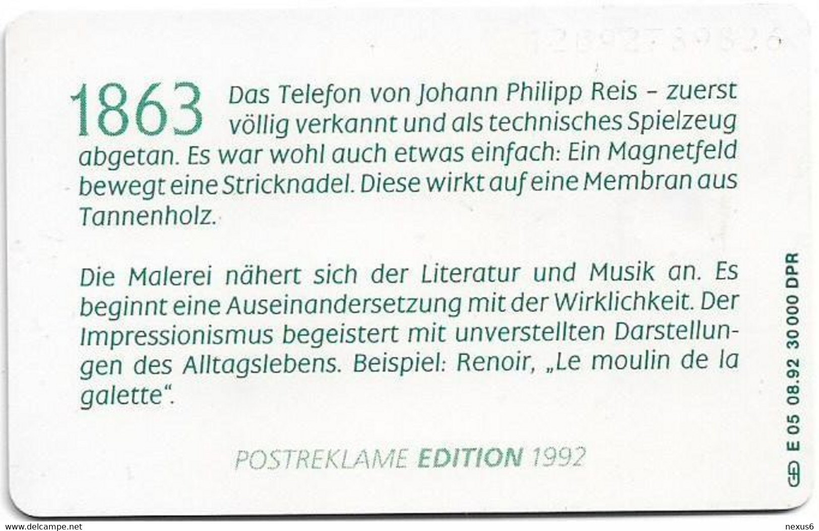 Germany - Alte Telefonapparate 1 - Telefon Von Johann P. Reis (1863) - E 05-08.92 - 12DM, 30.000ex, Used - E-Series: Editionsausgabe Der Dt. Postreklame