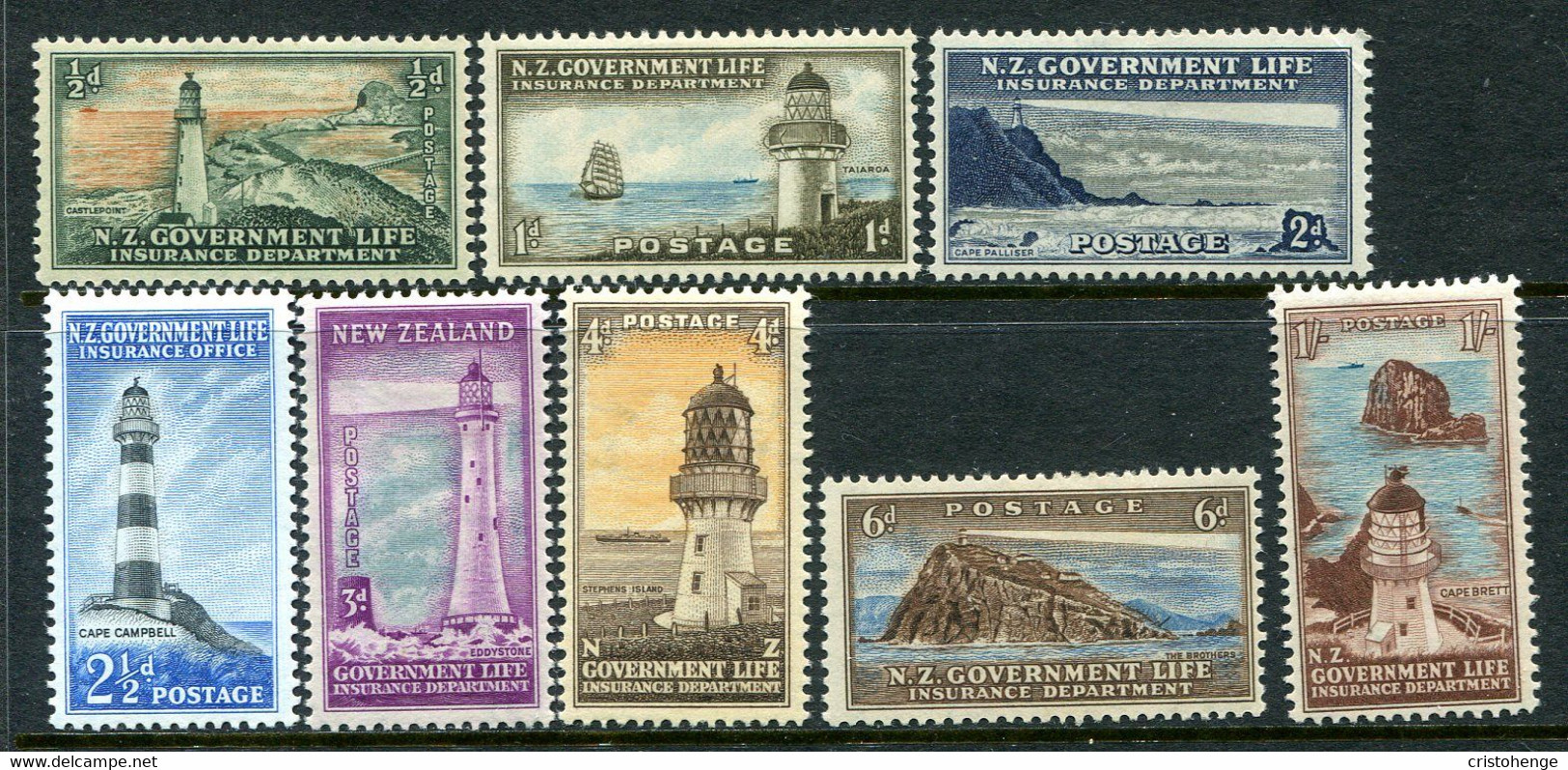 New Zealand 1947-65 Life Insurance - Lighthouse - Complete Set HM (SG L42-L49) - Officials