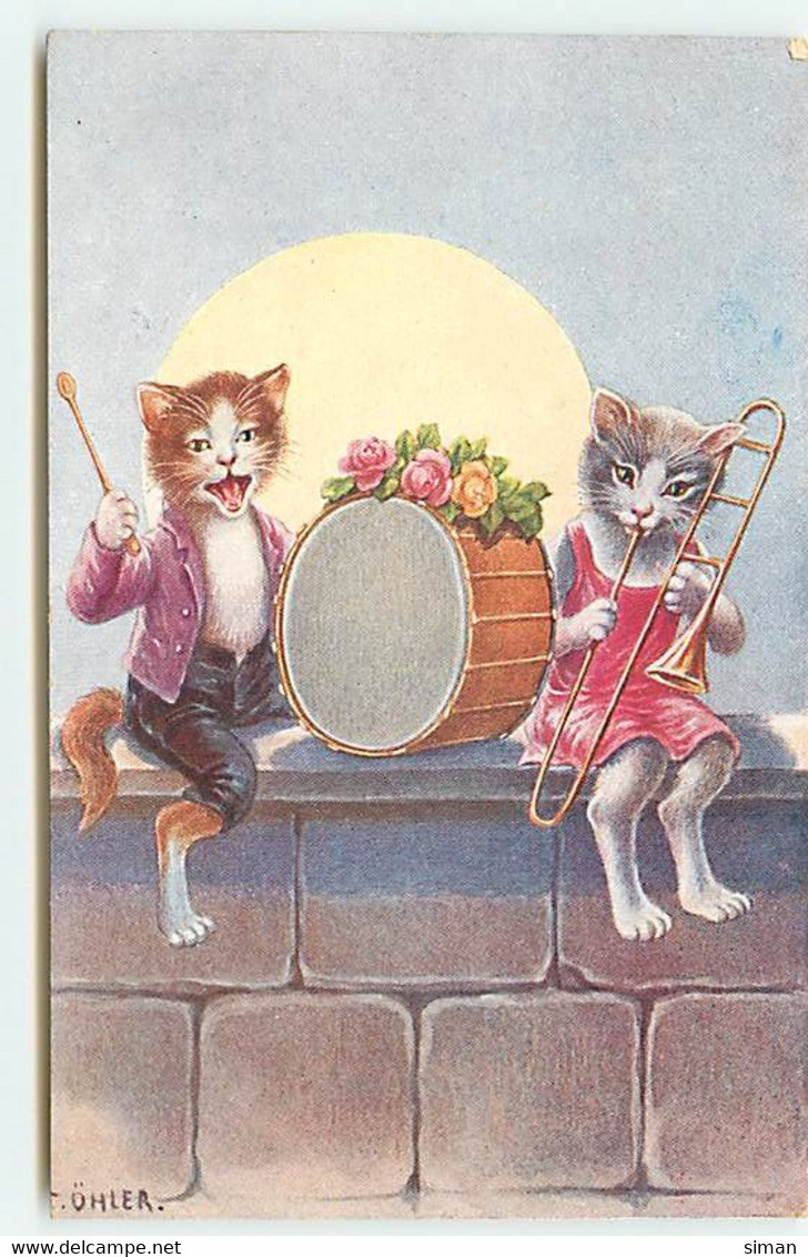 N°20481 - Illustrateur Öhler - Couple De Chats Habillés Sur Un Mur, Un Jouant Du Gros Tambour, Et L'autre Du Trombonne - Other & Unclassified