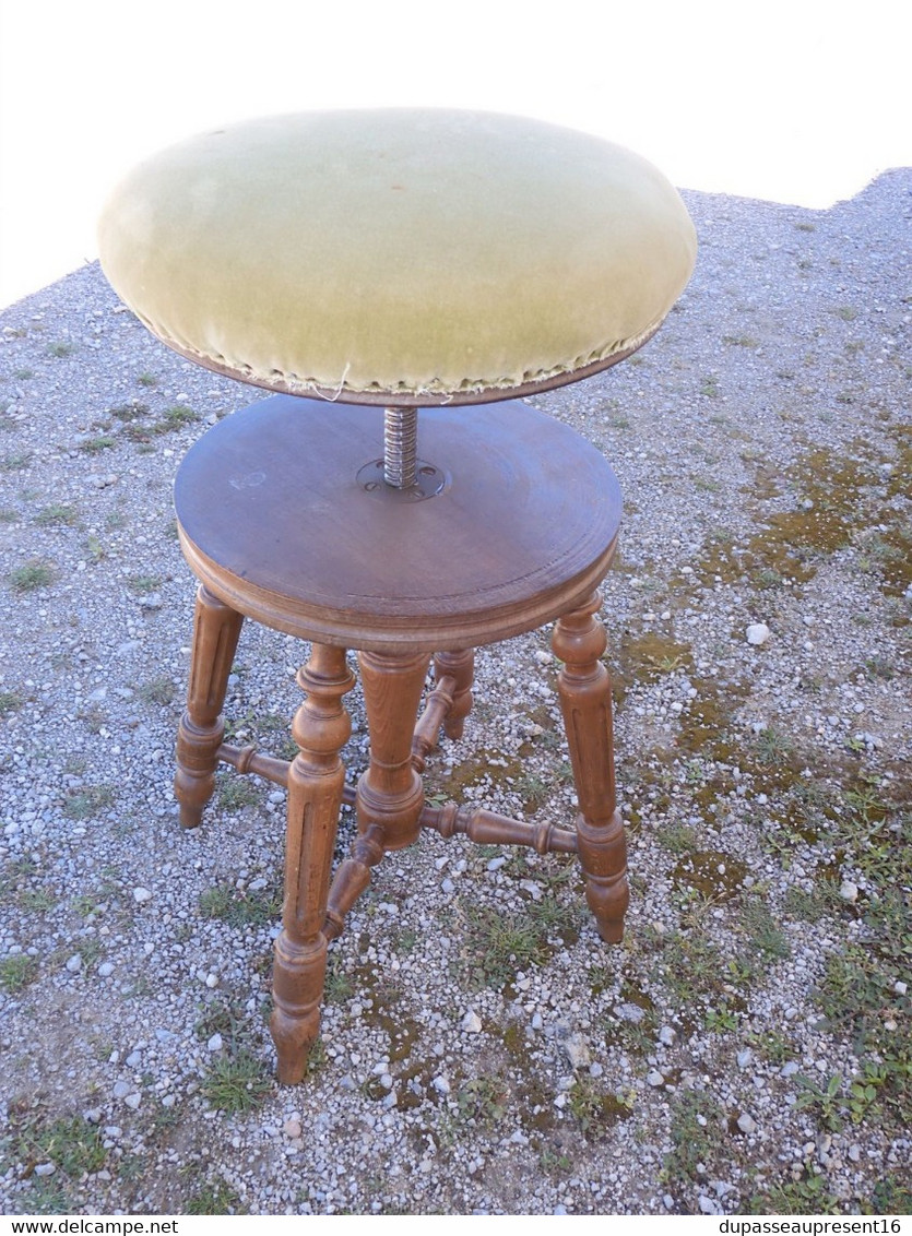 *ANCIEN TABOURET DE PIANO XIXe NIII PIEDS BOIS CLAIR TISSU VELOURS VERT déco    E