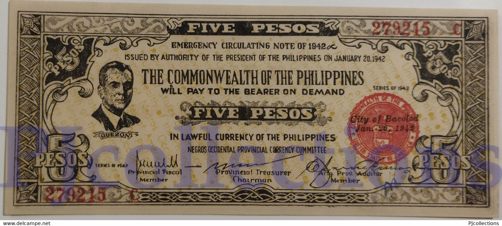 PHILIPPINES 5 PESOS 1942 PICK S648b UNC EMERGENCY BANKNOTE - Philippines