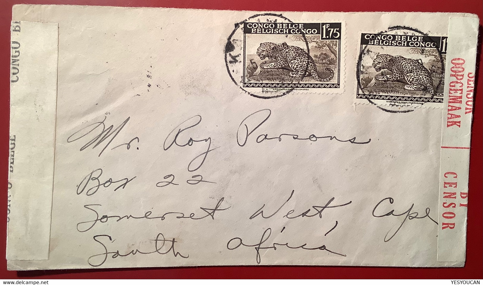 „KAMINA“1945 Double Censored Cover>South Africa 1f75 Leopard(Congo Belge Lettre Censure Belgian Congo WW2 War 1939-1945 - Covers & Documents