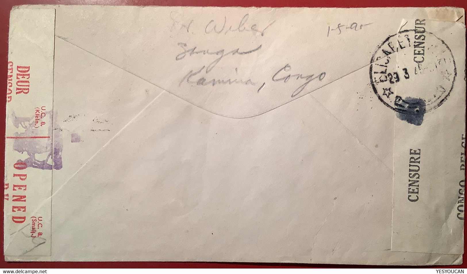 „KAMINA“1945 Double Censored Cover>South Africa 1f75 Leopard(Congo Belge Lettre Censure Belgian Congo WW2 War 1939-1945 - Lettres & Documents