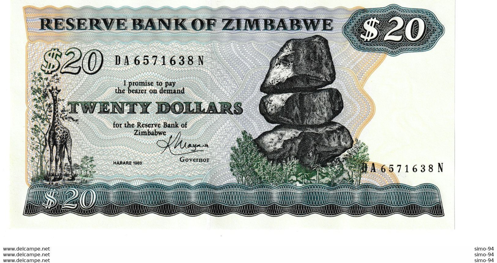 Zimbabwe P.4c 20 Dollars 1983 Unc - Zimbabwe