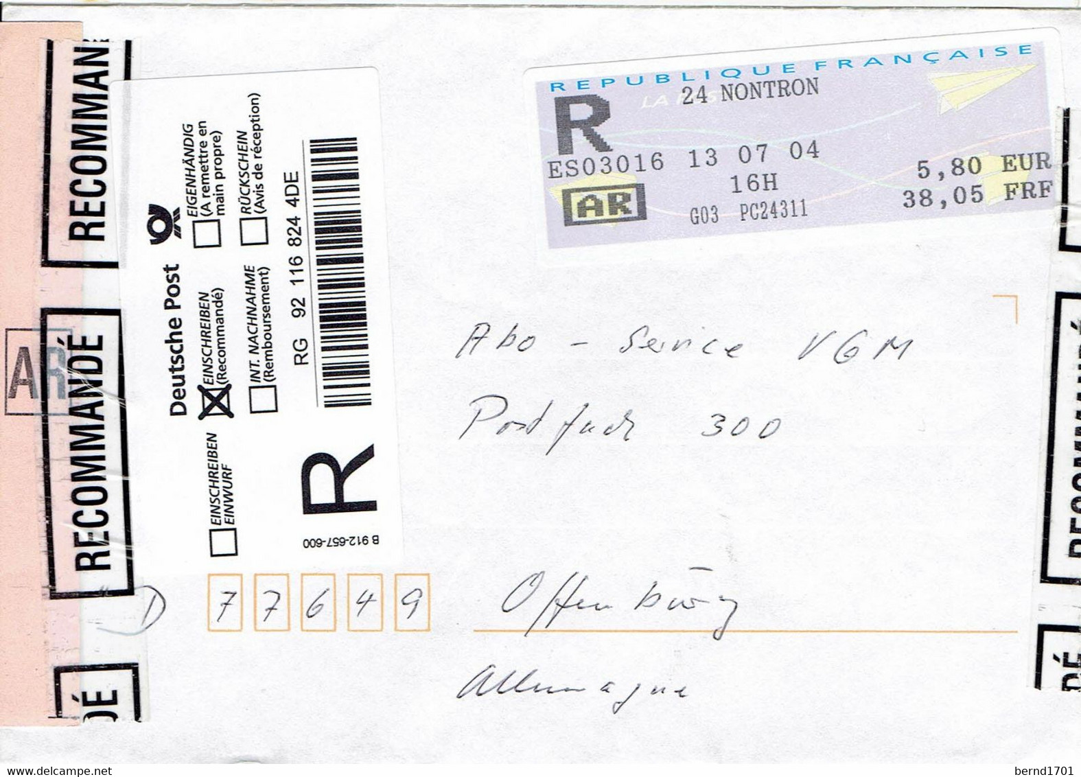 Frankreich / France - Einschreiben / Registered Letter (X1656) - 2000 Type « Avions En Papier »