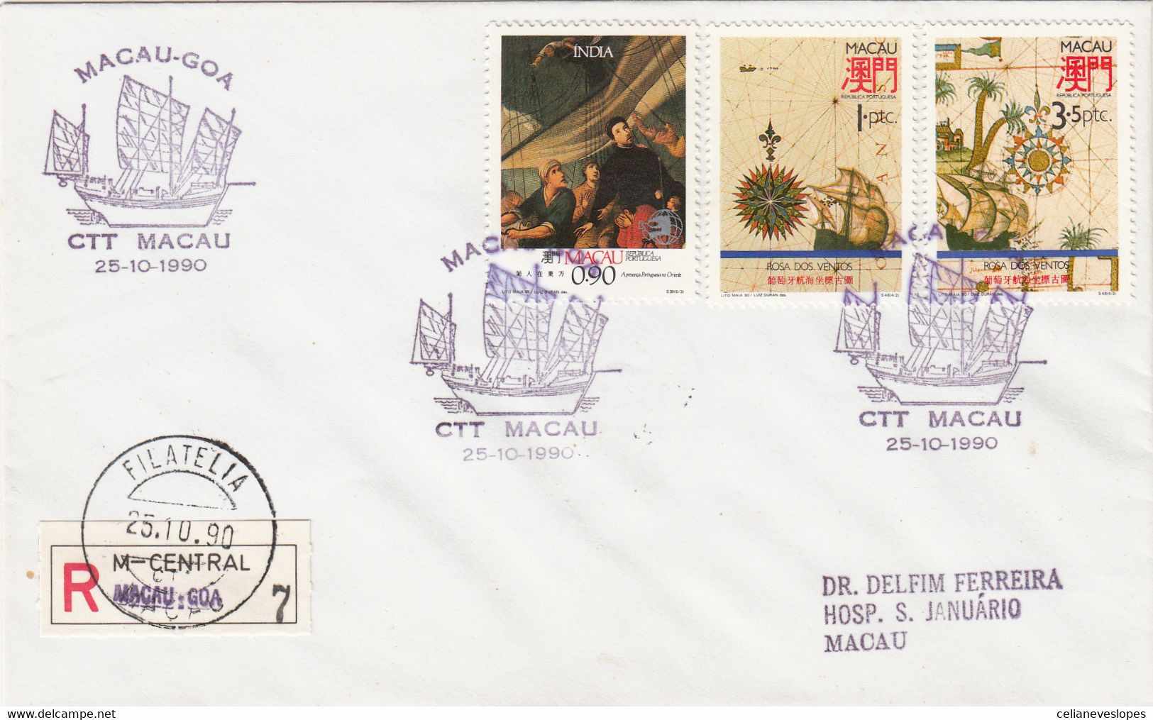 Macau, Macao, FDC, (313), Macau - Goa, 1990, Registada - FDC