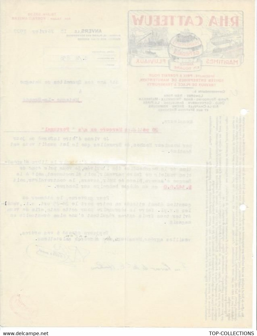 1927 TRANSPORTS MARITIMES ET FLUVIAUX  Rha Catteeuw Anvers Belgique POUR Sté Dynamites De Matagne (Belgique) V.TEXTE - Transports