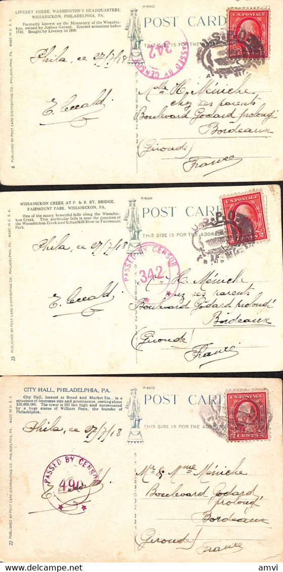 22- 7 - 1682 Lot De 3 Cartes Philadephia Cachet Passed By Censor 1918 - Philadelphia