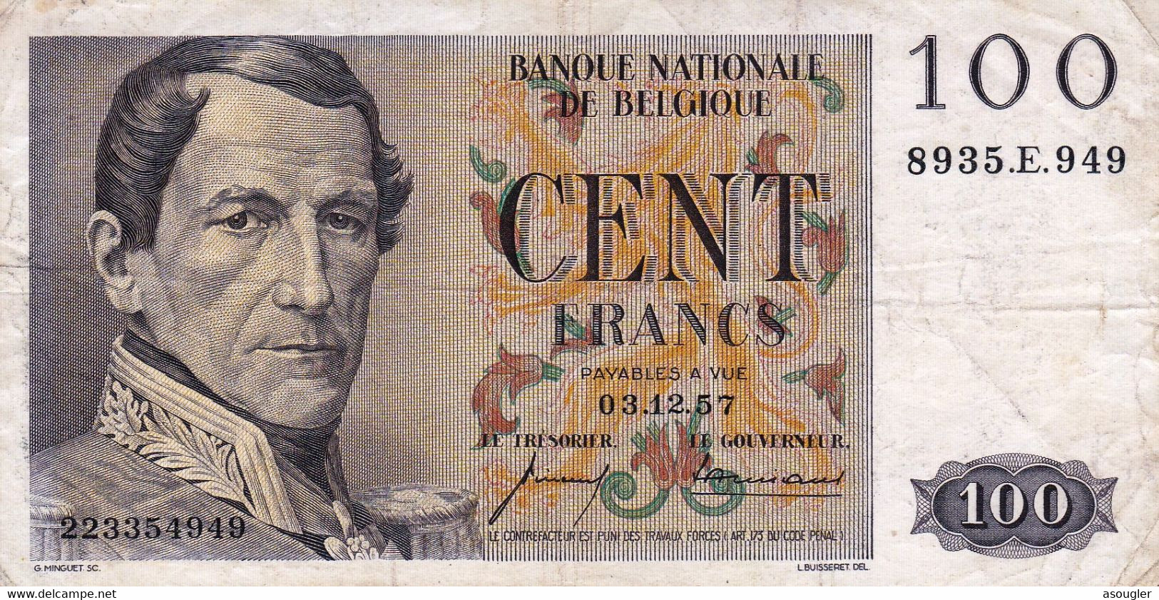 BELGIUM 100 FRANCS 1957 VF P-129c "free Shipping Via Registered Air Mail" - 100 Francos