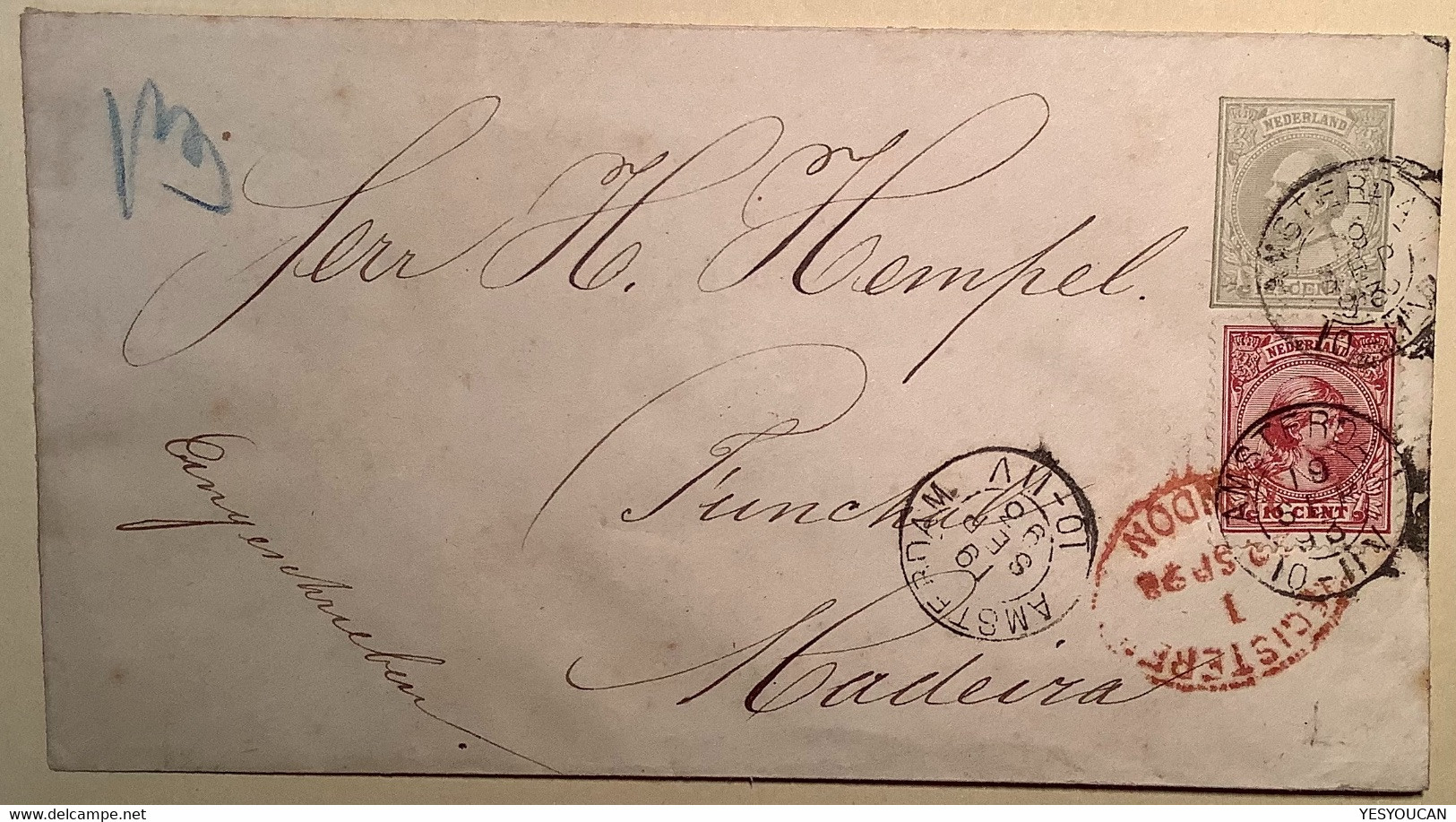 AMSTERDAM 1893 Rare REGISTERED Cover>FUNCHAL MADEIRA Via London (Netherlands Portugal Lettre Nederland Postal Stationery - Briefe U. Dokumente