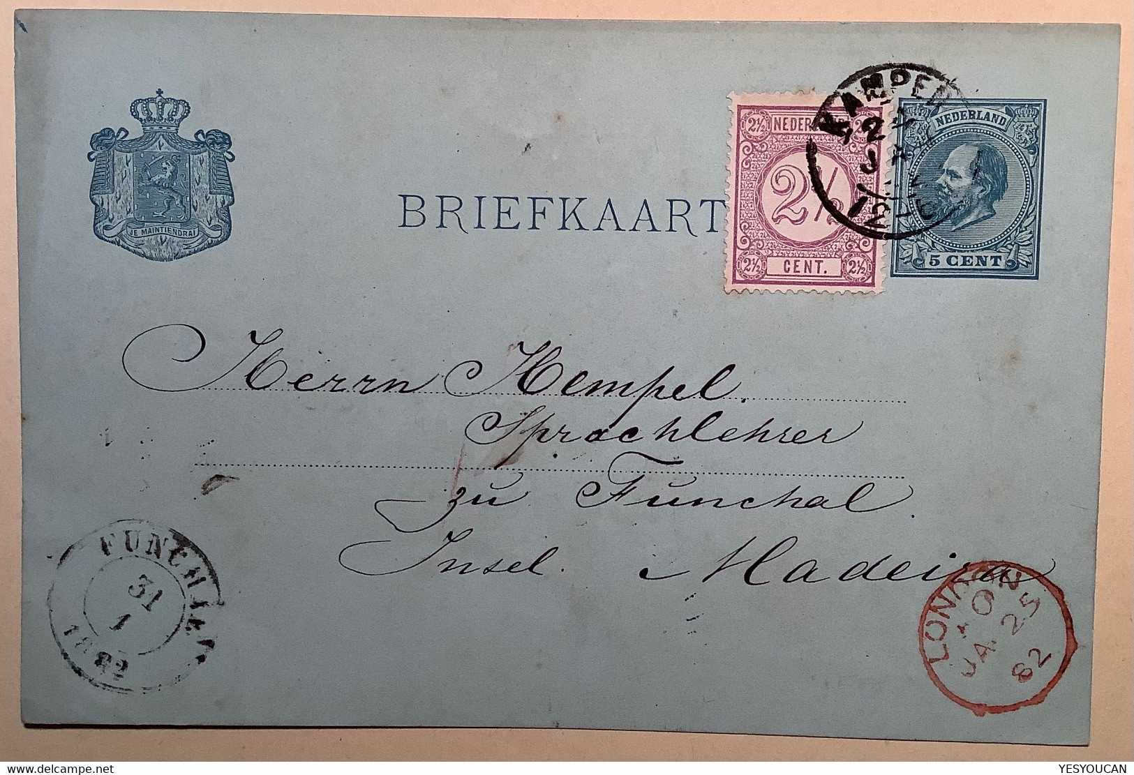 KAMPEN 1882 Rare 7 1/2c POST CARD>FUNCHAL MADEIRA Via London (Netherlands Portugal Nederland Cover Postal Stationery - Briefe U. Dokumente