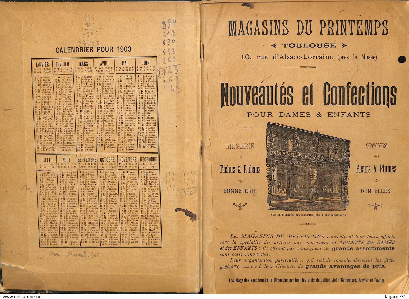 Agenda Illustré 1903  Des Magasins Du Printemps Toulouse ( Couverture Abimée - Dechirure) Trés Rare - Big : 1901-20