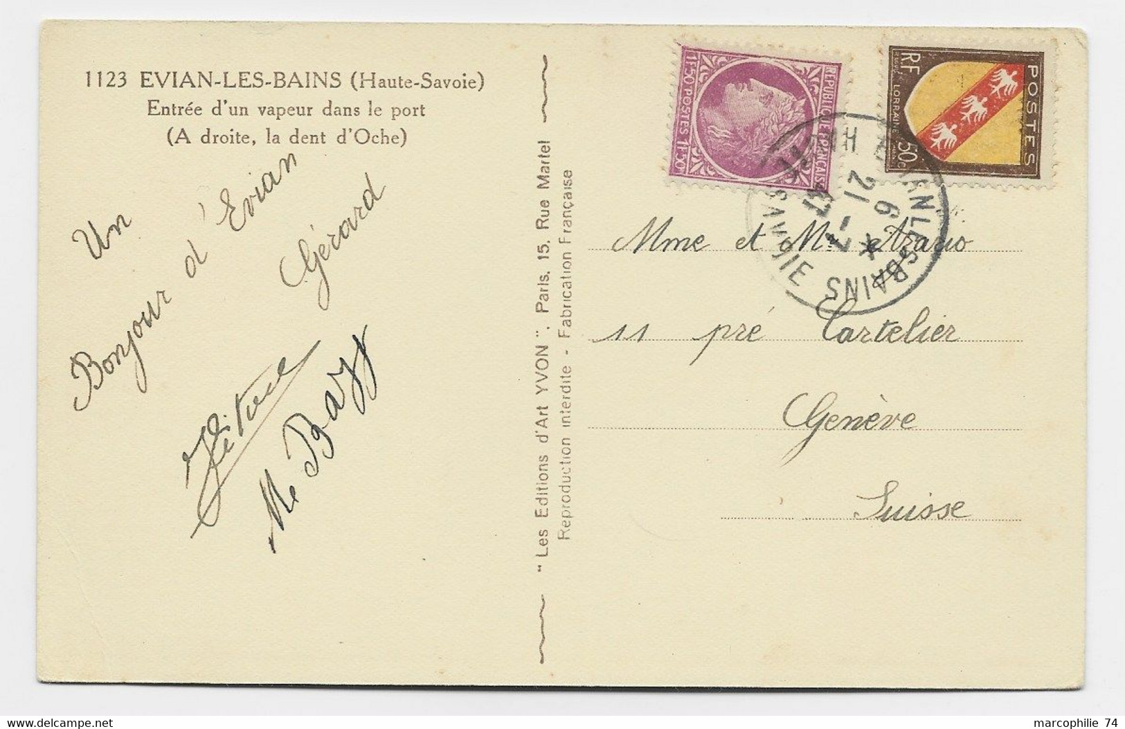 MAZELIN 1FR50 +50C BLASON CARTE 5 MOTS EVIANLES BAINS 21.7.1947 POUR SUISSE  AU TARIF - 1945-47 Ceres Of Mazelin