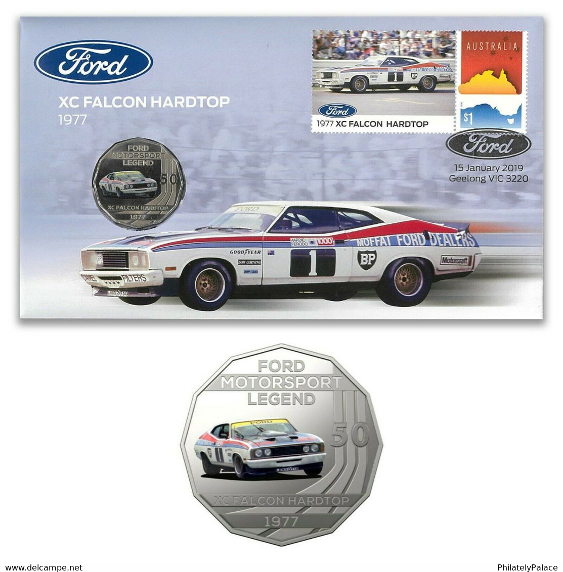 Australia 2018 Ford Motor Racing Car XC Falcon Hardtop Stamp & 50c UNC Coin - PNC (**) - Briefe U. Dokumente