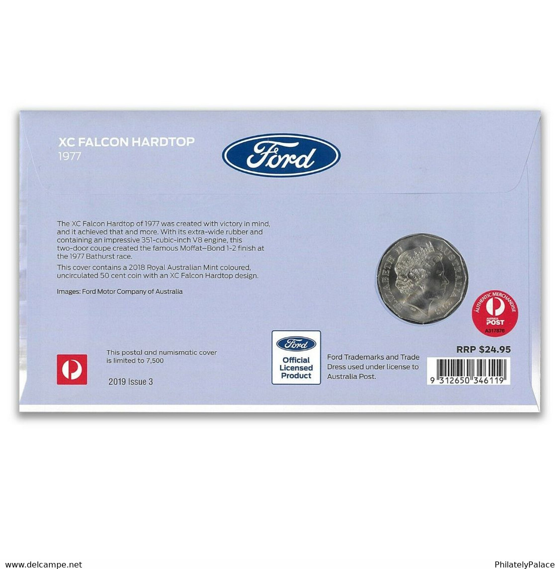 Australia 2018 Ford Motor Racing Car XC Falcon Hardtop Stamp & 50c UNC Coin - PNC (**) - Storia Postale