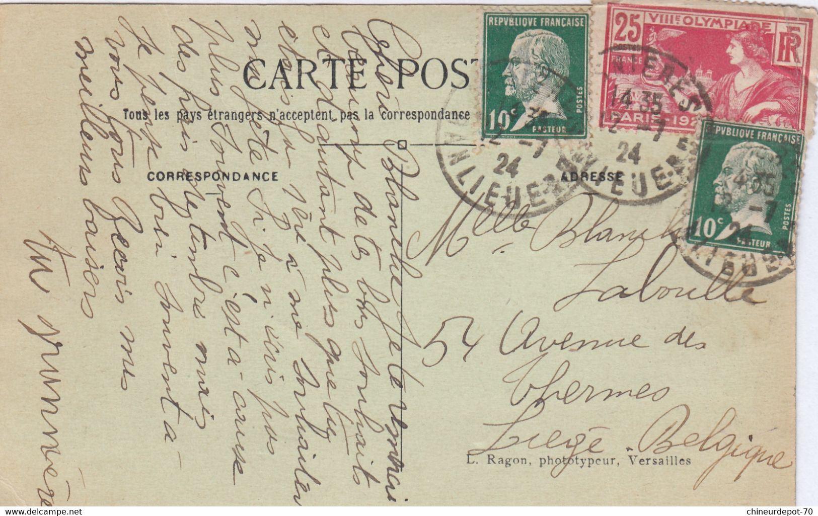 Cpa Versailles L'orangerie Et Le Palais , Timbres Pasteurs Et Olympiade 1924 - Other & Unclassified