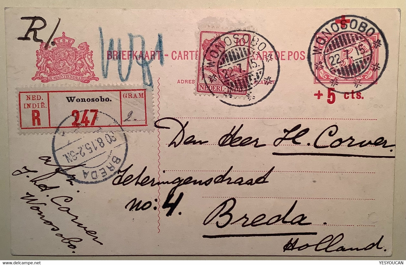 Netherlands Indies WONOSOBO 1915 RARE REGISTERED ! RED CROSS Postal Stationery Card (cover JAVA  Indonesia  Croix Rouge - India Holandeses