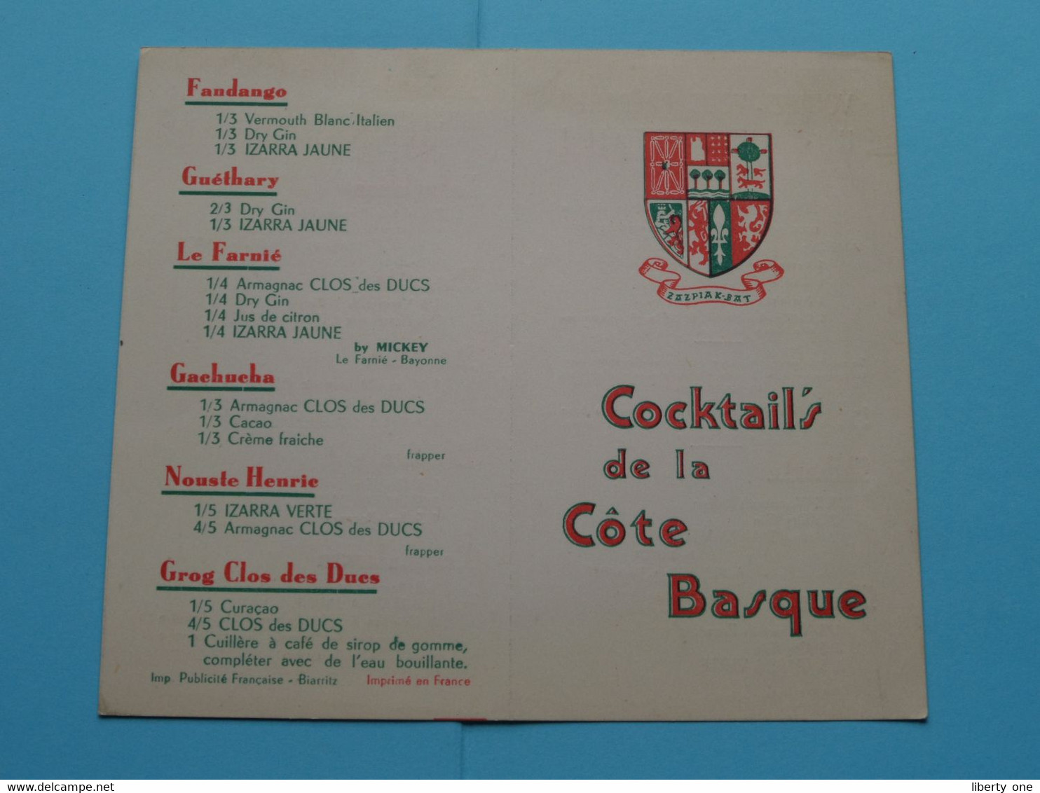 Cocktail's De La COTE BASQUE / Form 14 X 12,5 Cm. Non Plier ( Zie / Voir SCAN ) Imp. Publi Française Biarritz ! - Alcools