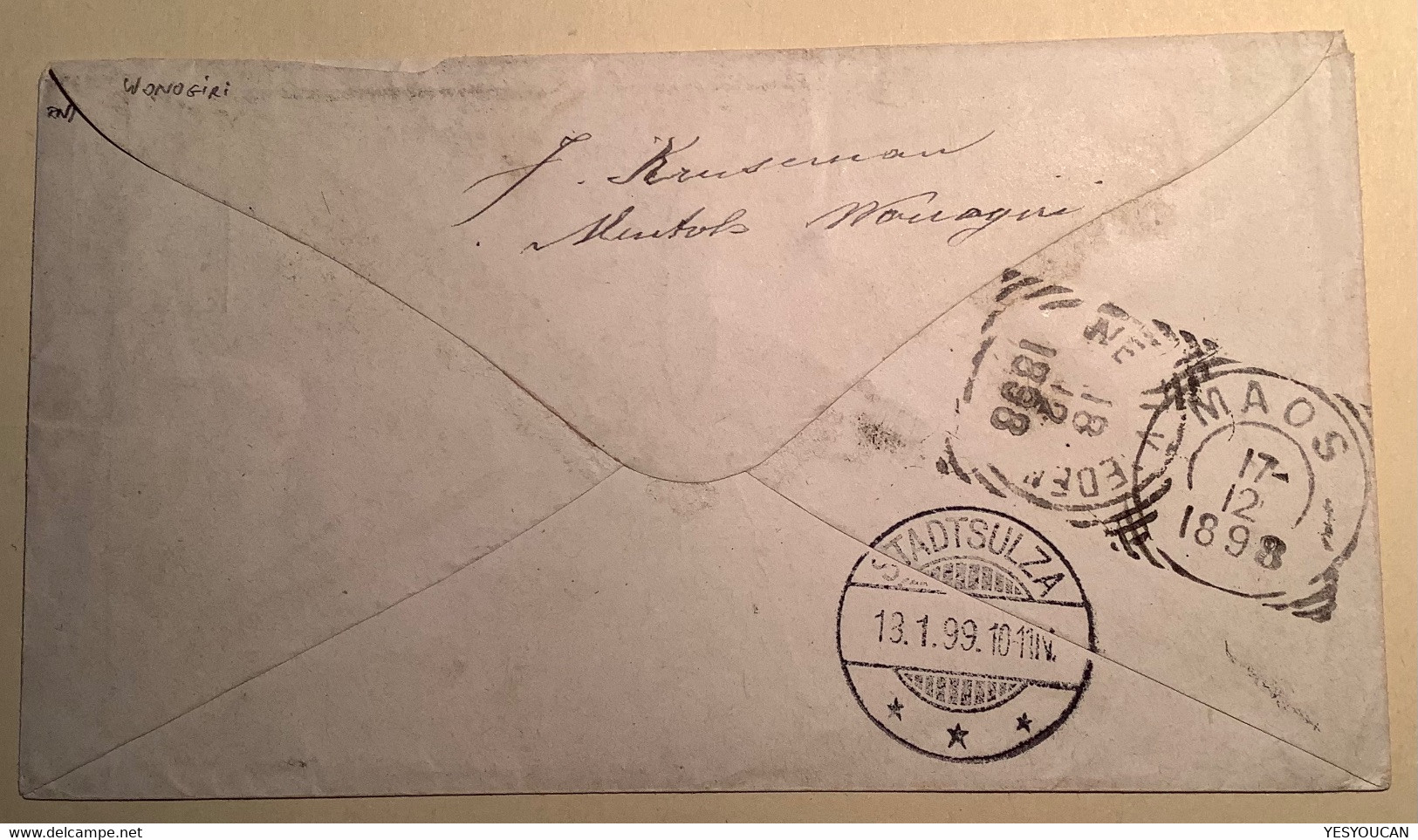 Netherlands Indies WONOGIRI 1898 RARE  Postal Stationery Envelope>Stadtsulza (cover JAVA  Indonesia - Nederlands-Indië