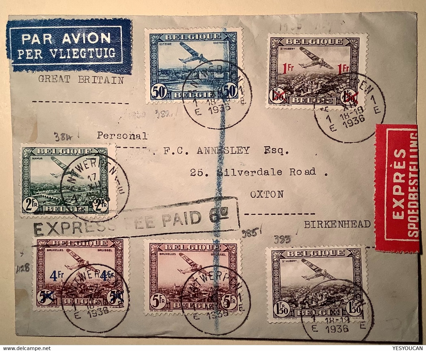 EXPRÉS „EXPRESS FEE PAID 6d“ ANTWERPEN1936par Avion Cover>Birkenhead GB (Belgique Poste Aérienne Lettre Air Mail Belgium - Other & Unclassified