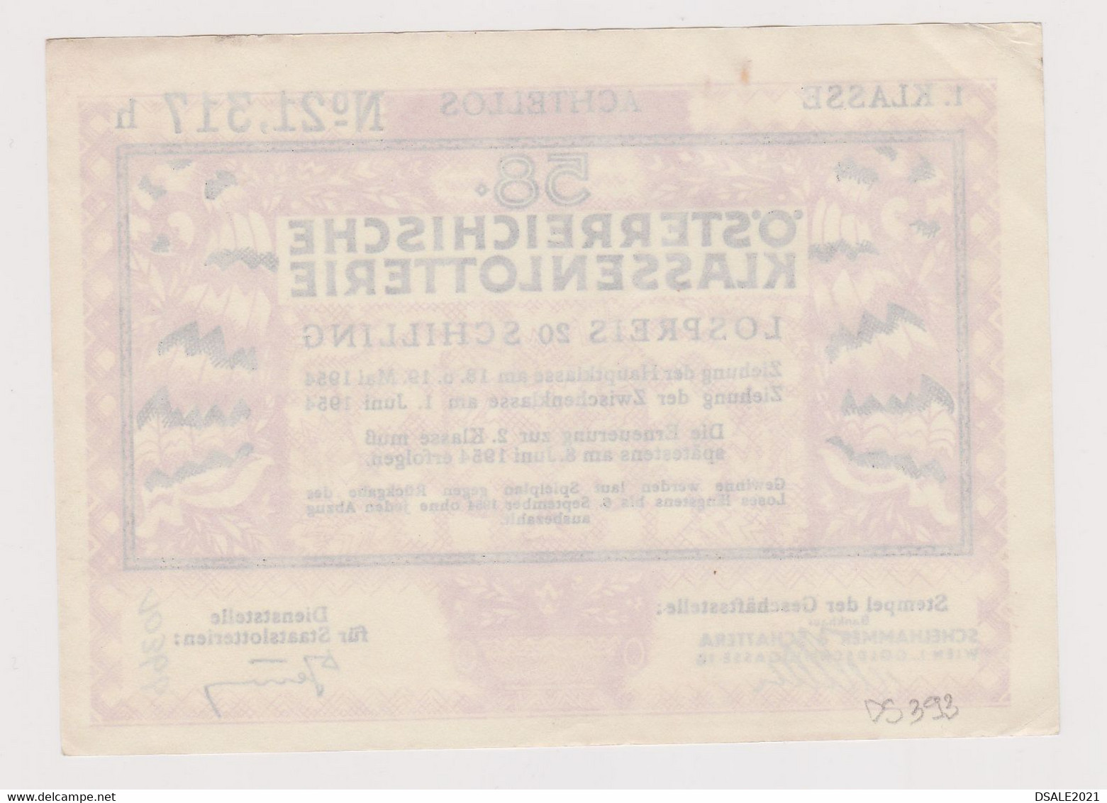 Austria Österreich 1954 Klassenlotterie Loterie Lottery Billet Ticket 1. KLASSE Lospreis 20 SCHILLING (ds393) - Lottery Tickets