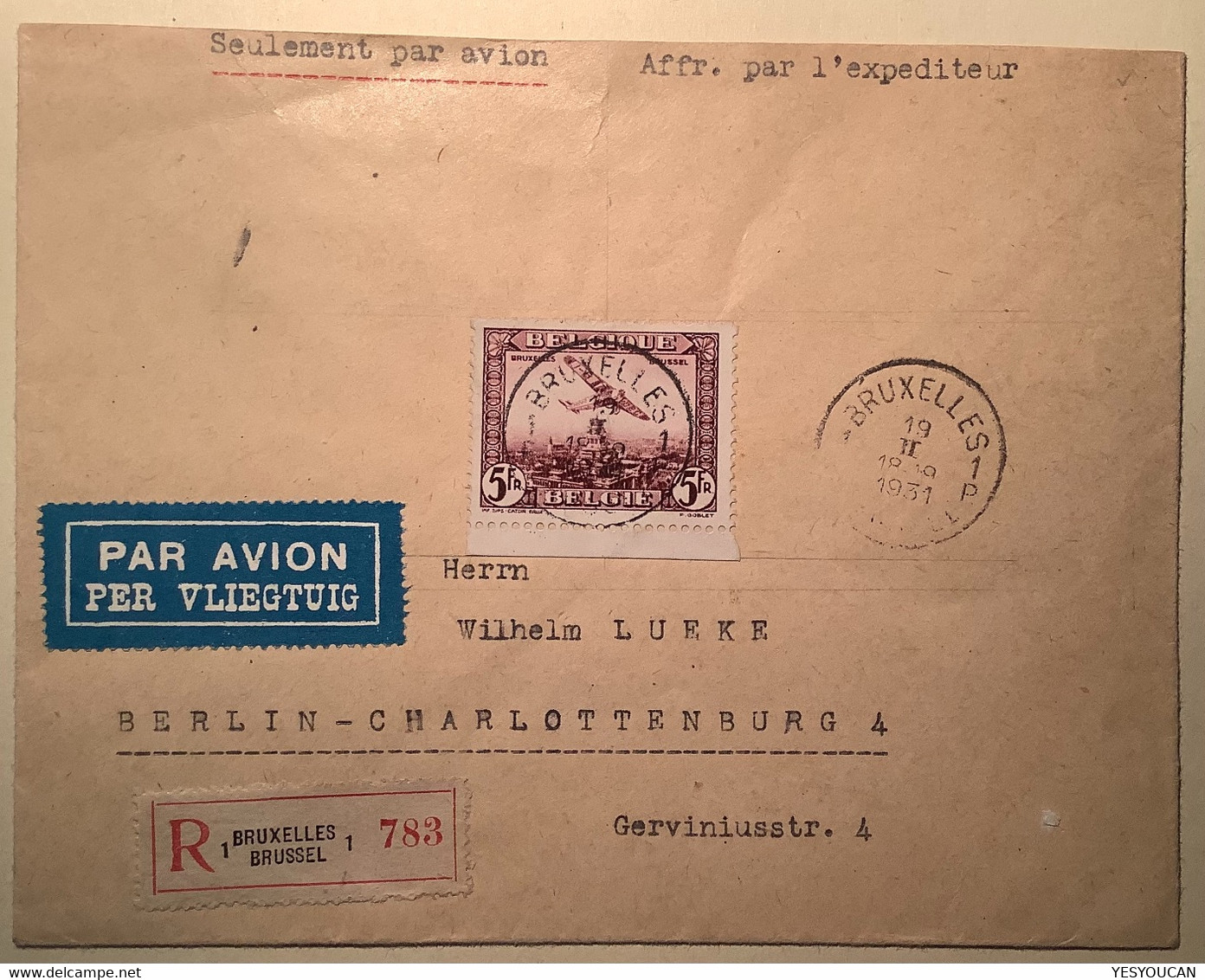 1930 5 F Poste Aérienne Yv 5 SEUL ! S.lettre Par Avion BRUXELLES 1931>Berlin  (Belgique Airmail Belgium Air Post Cover - Otros & Sin Clasificación