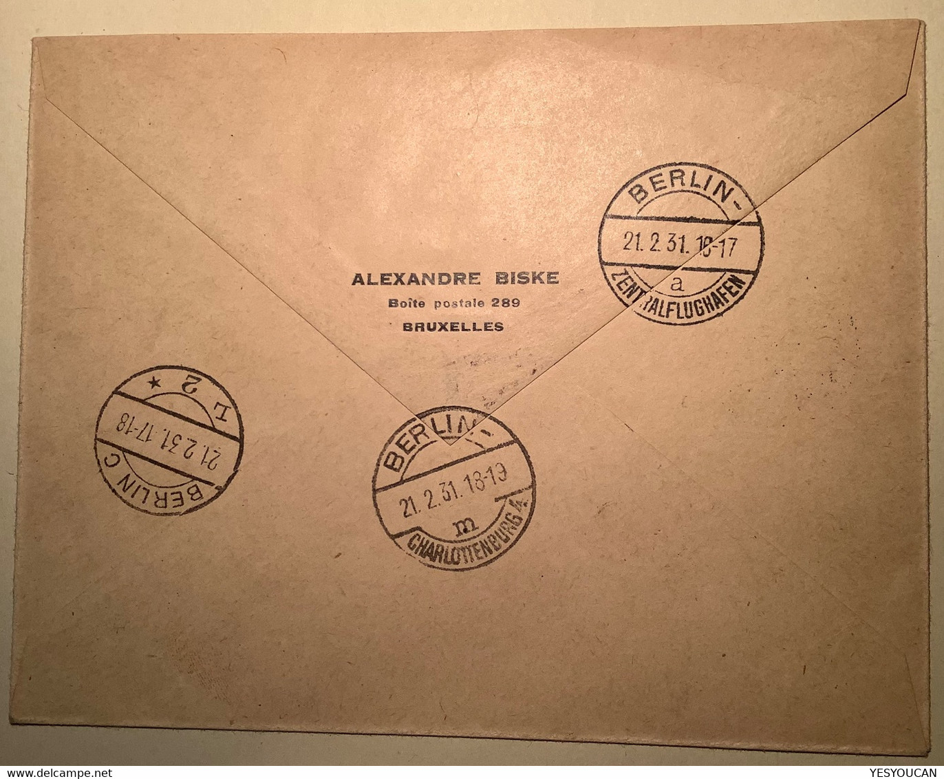 1930 5 F Poste Aérienne Yv 5 SEUL ! S.lettre Par Avion BRUXELLES 1931>Berlin  (Belgique Airmail Belgium Air Post Cover - Autres & Non Classés