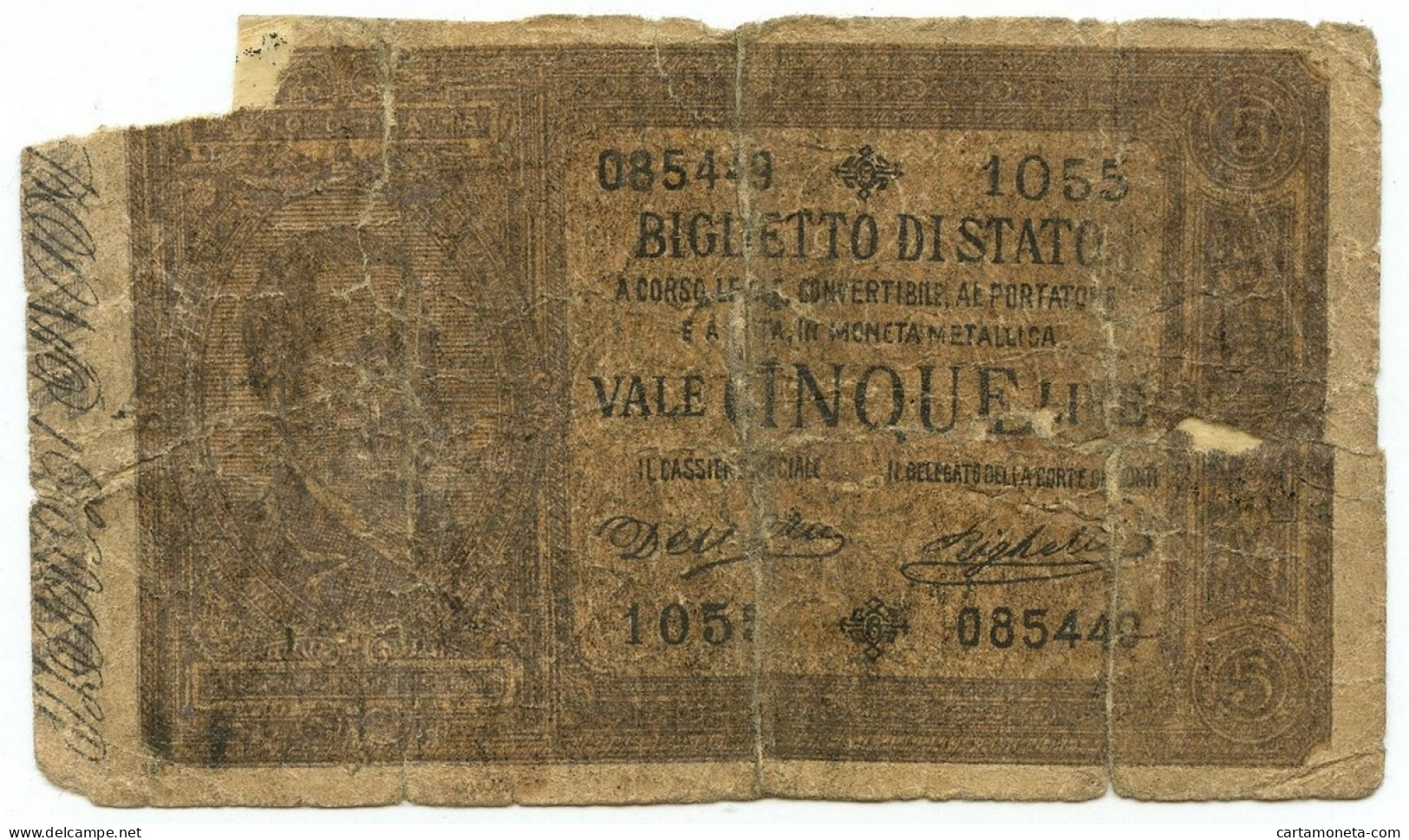 5 LIRE FALSO D'EPOCA BIGLIETTO DI STATO EFFIGE UMBERTO I 25/10/1892 MB - [ 8] Fakes & Specimens