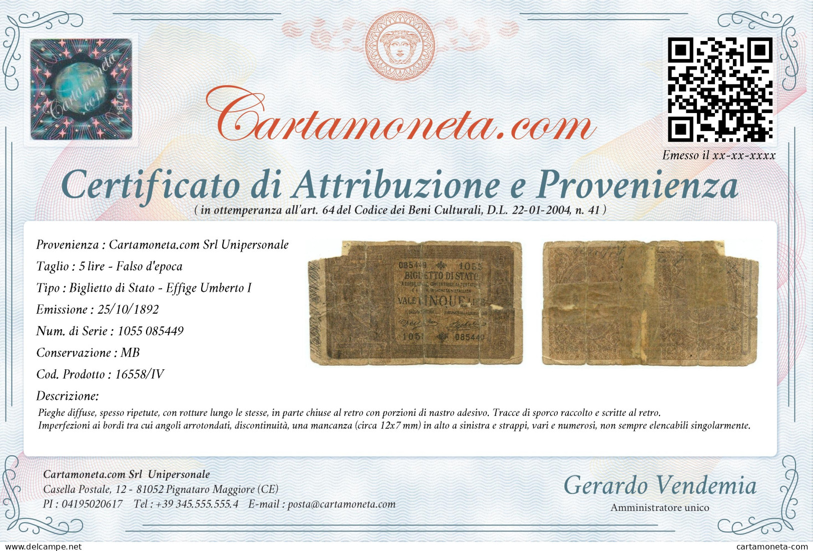 5 LIRE FALSO D'EPOCA BIGLIETTO DI STATO EFFIGE UMBERTO I 25/10/1892 MB - [ 8] Fakes & Specimens