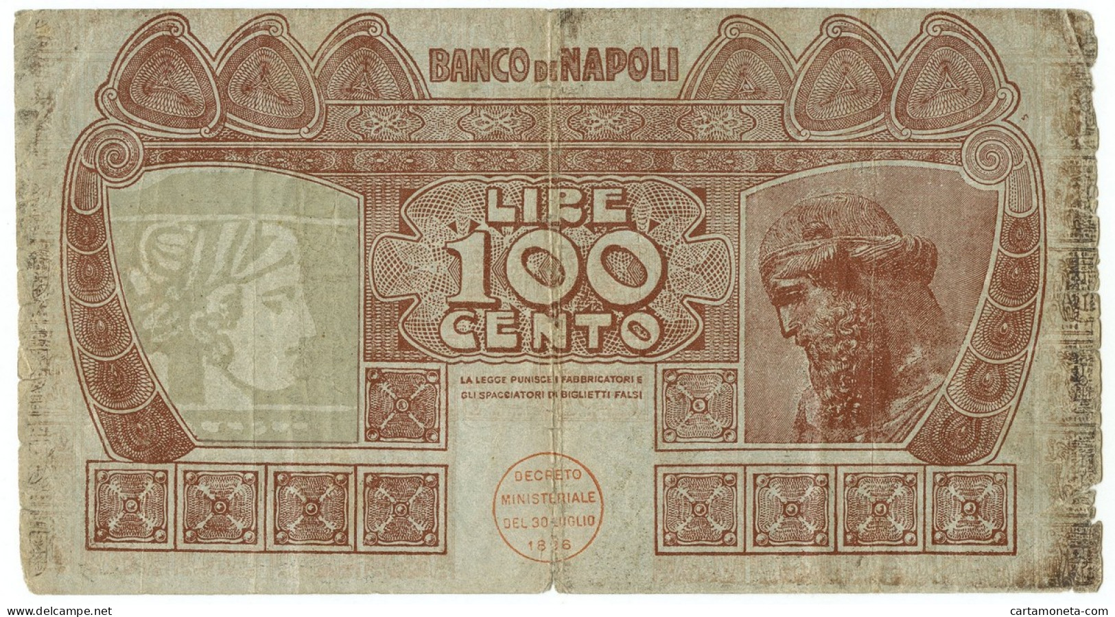 100 LIRE FALSO D'EPOCA BANCO DI NAPOLI BIGLIETTO AL PORTATORE 31/05/1915 MB/BB - [ 8] Vals En Specimen