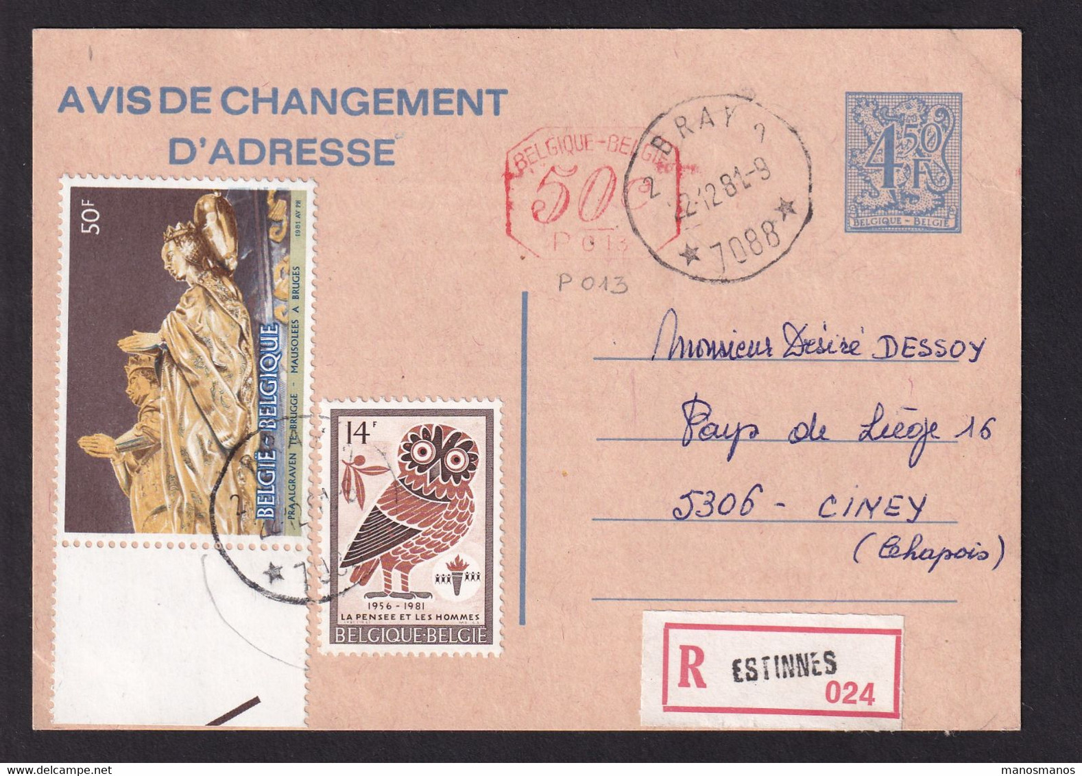 37/096  - Entier Changement D' Adresse + Mécanique + Divers - Recommandé Etoiles BRAY 2 Via ESTINNES 1981 - TARIF 79 F - Adreswijziging