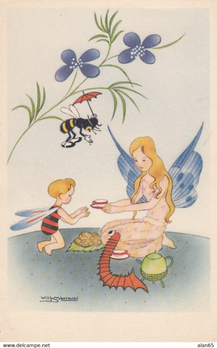 Willy Schermele, Fairy Children Eat With Insects, Bee Caterpillar Bugs, C1940s Vintage Postcard - Schermele, Willy